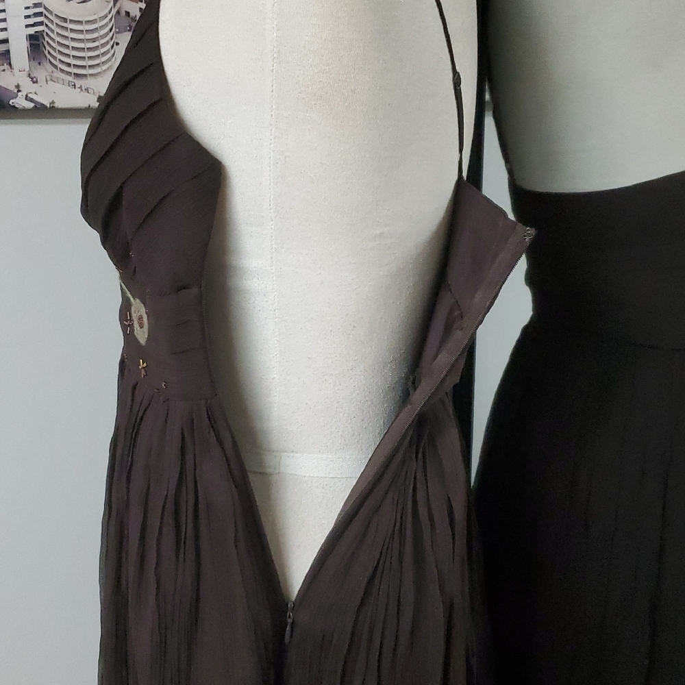 Vintage TO THE MAX 100% Silk Elegant Brown Floral Embroidered Mini Dress - Picture 5 of 9